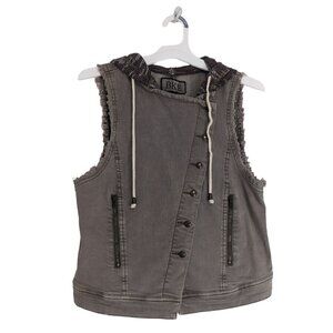 BKE Buckle Tan Grey Jean Vest with Detachable Hood Sleeveless Womens Size Large